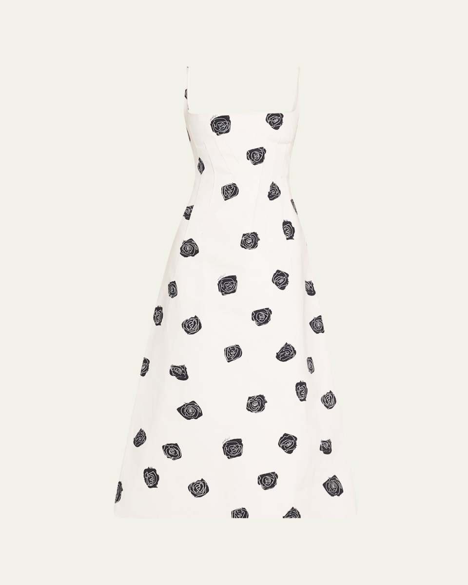 Rose-Print Sleeveless Button-Back Ankle Dress